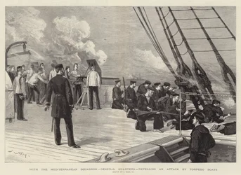 Z eskadrą śródziemnomorską, kwaterami generała, odpierając atak łodzi torpedowych